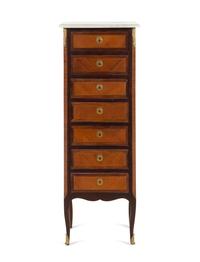 A Louis XV/XVI Transitional Style Gilt Bronze Mounted Tulipwood and Mahogany Marble-Top Semainier