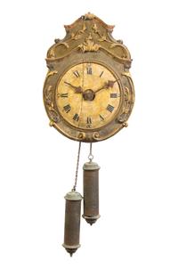 A Continental Painted and Parcel Gilt Wall Clock, Height 18 1/2 inches.