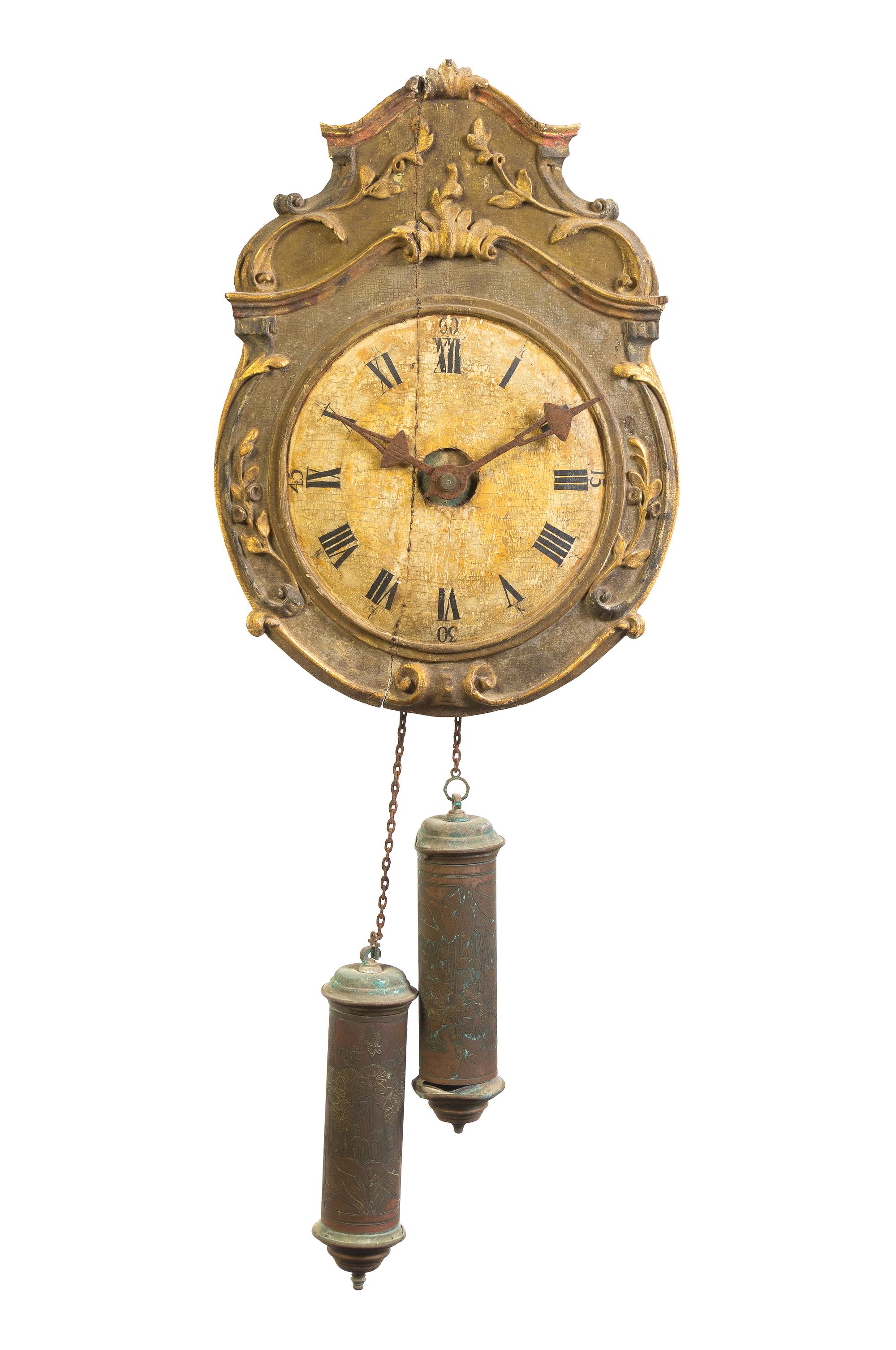 A Continental Painted and Parcel Gilt Wall Clock, Height 18 1/2 inches.