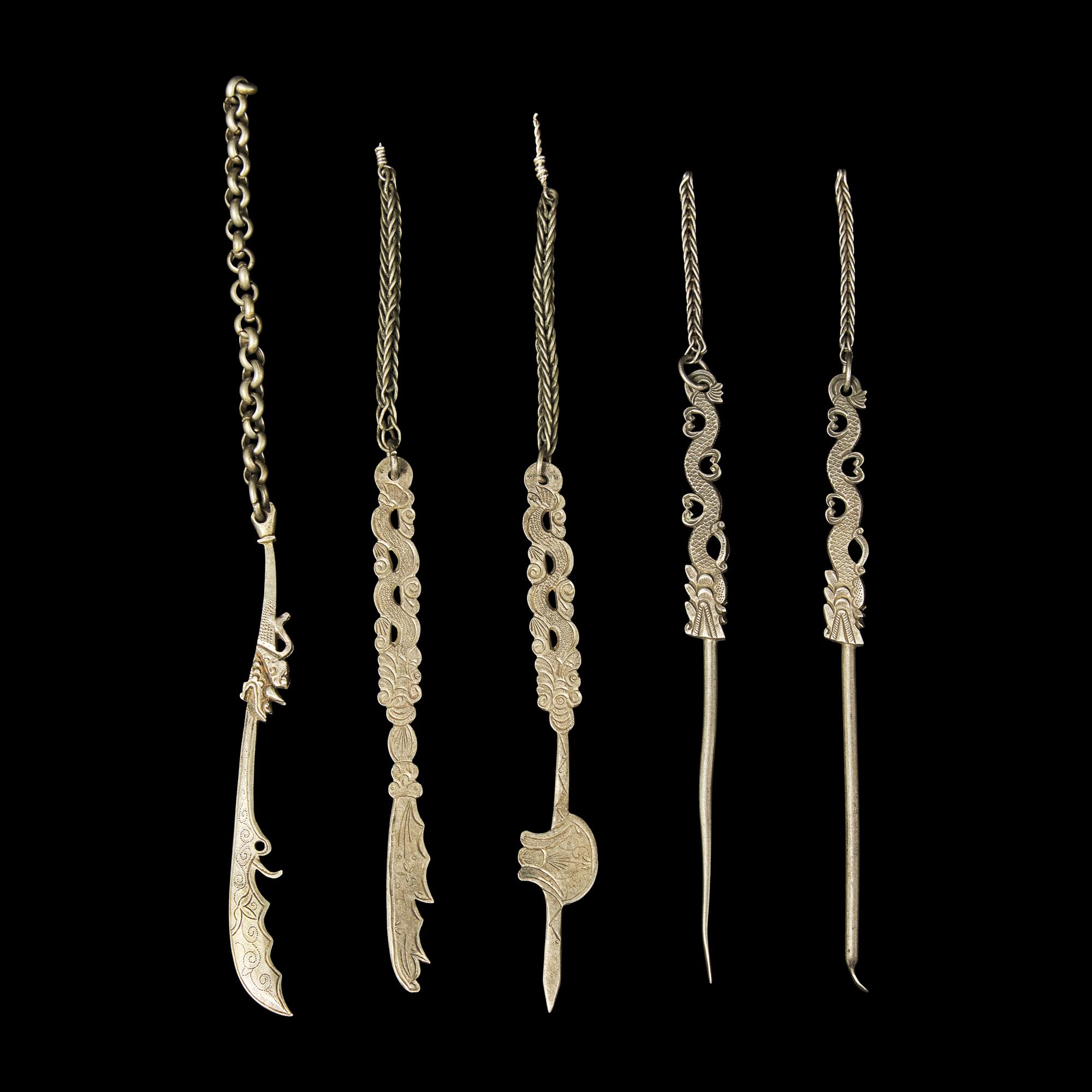 A Large Group of 31 Chinese Silver Tools, Qing Dynasty and Earlier 清及更早 銀事件兒一組