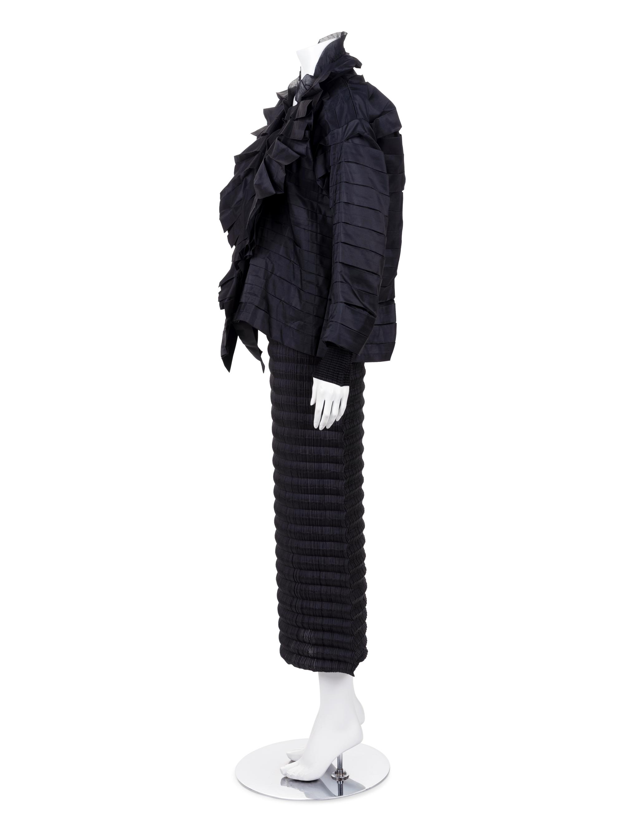 Three Issey Miyake Pleated Items: One Jacket, One Top, and One Skirt