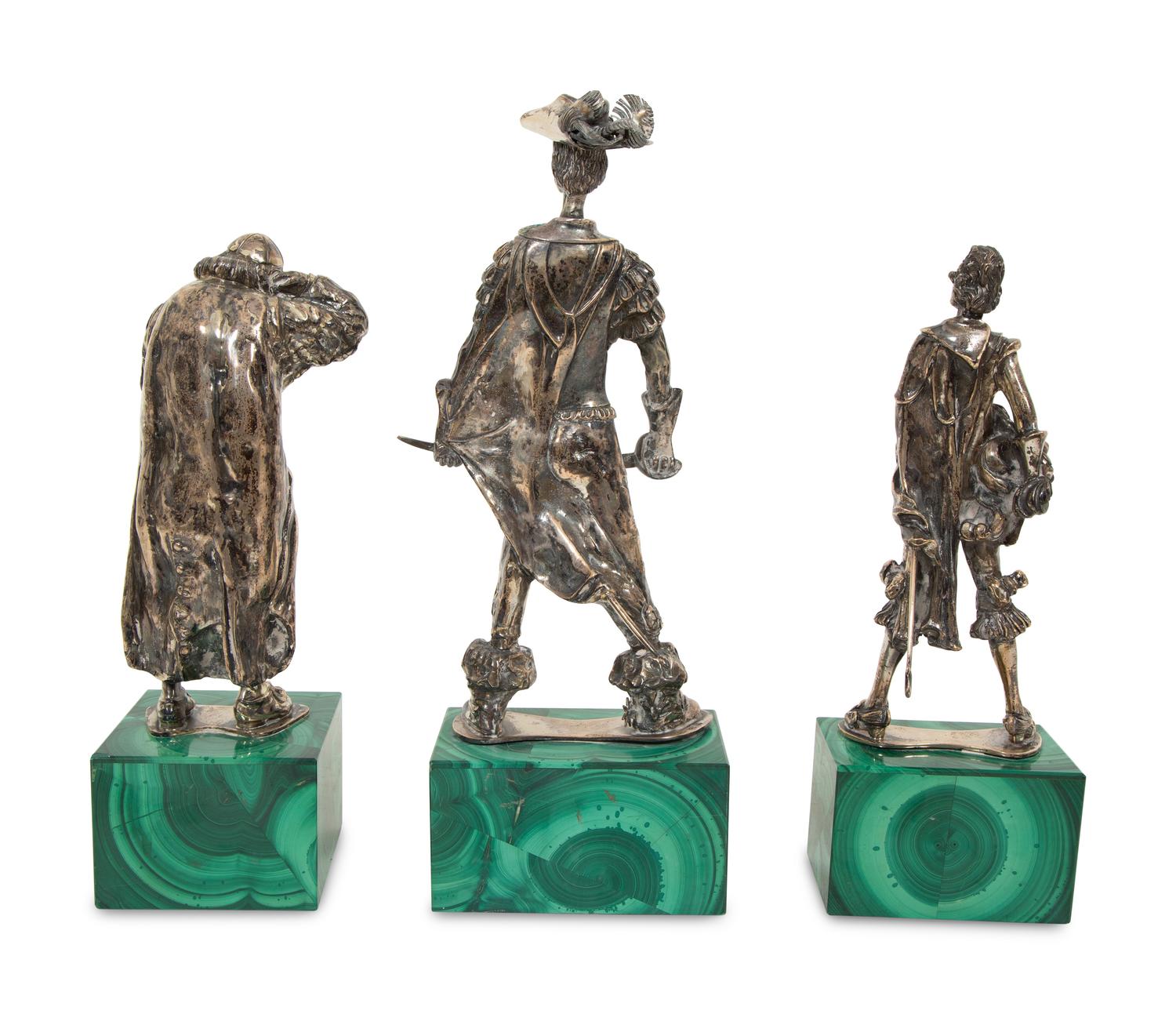 Three Italian Silver Figures on Malachite Bases