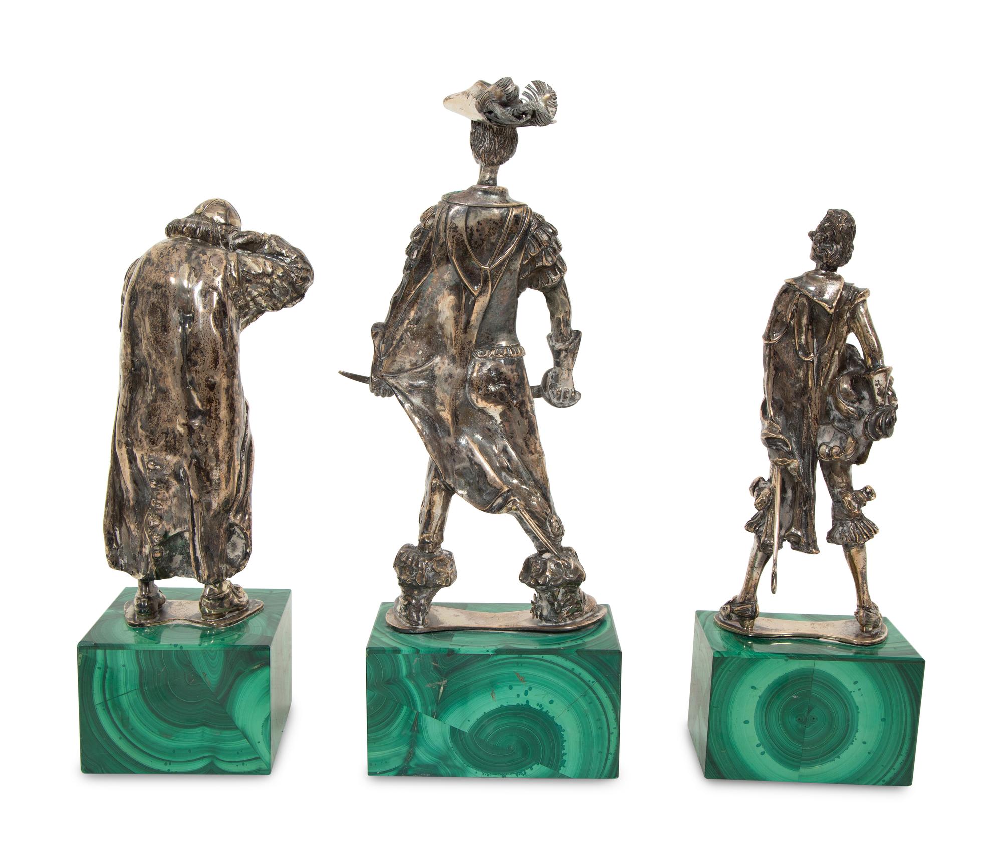 Three Italian Silver Figures on Malachite Bases
