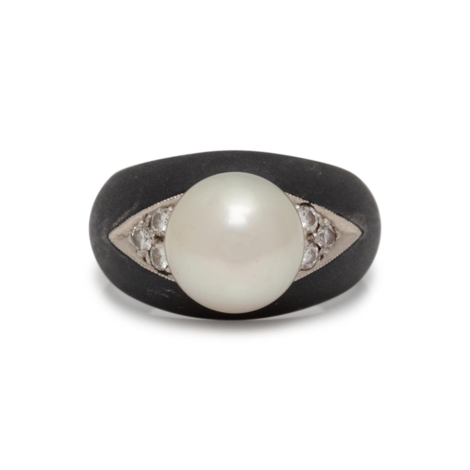 MARSH & CO, ART MODERNE, BLACKENED STEEL, CULTURED PEARL AND DIAMOND RING