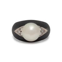 MARSH & CO, ART MODERNE, BLACKENED STEEL, CULTURED PEARL AND DIAMOND RING