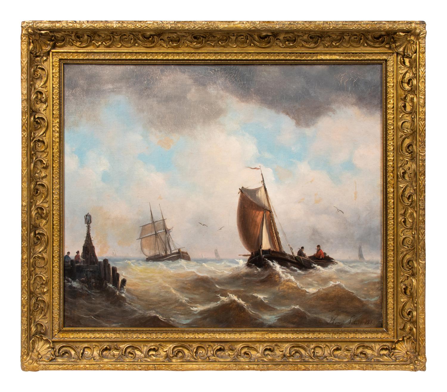 Henri Adolphe Schaep (Dutch, 1826-1870) Sailboats on Rough Waters oil on canvas