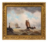 Henri Adolphe Schaep (Dutch, 1826-1870) Sailboats on Rough Waters oil on canvas