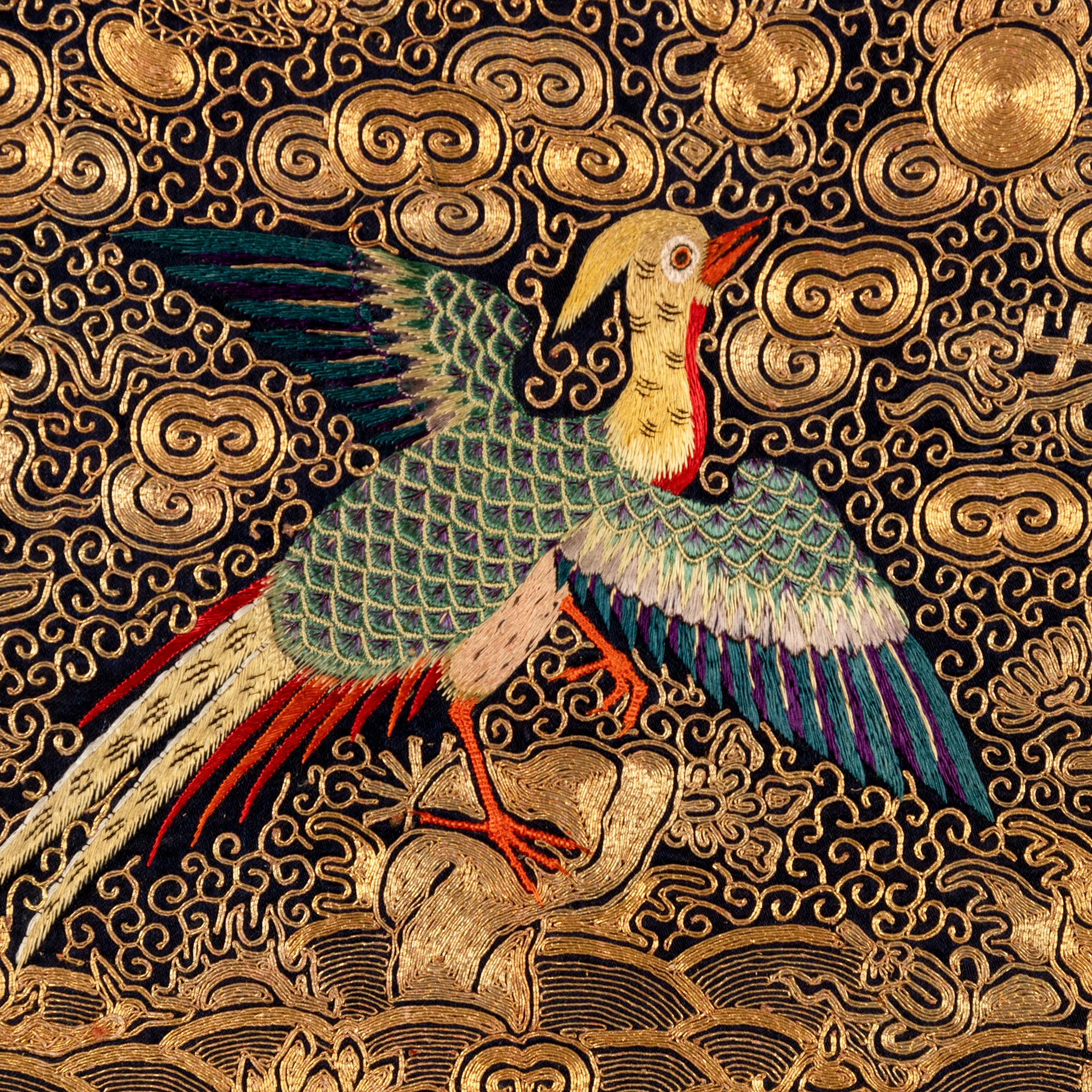 Three Chinese Embroidered Silk 'Pheasant' Civil Official's Rank Badges, Buzi, 19th Century 清中晚期 織綉二品文官錦鷄補子三幅