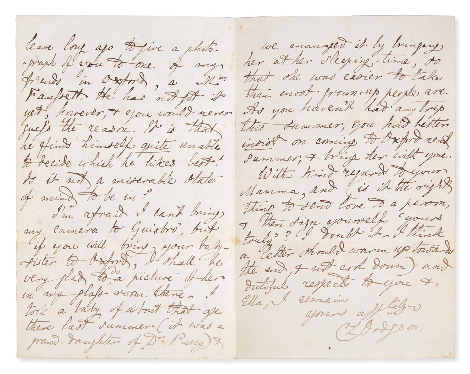 Carroll, Lewis (Charles Lutwidge Dodgson). Autograph Letter, signed