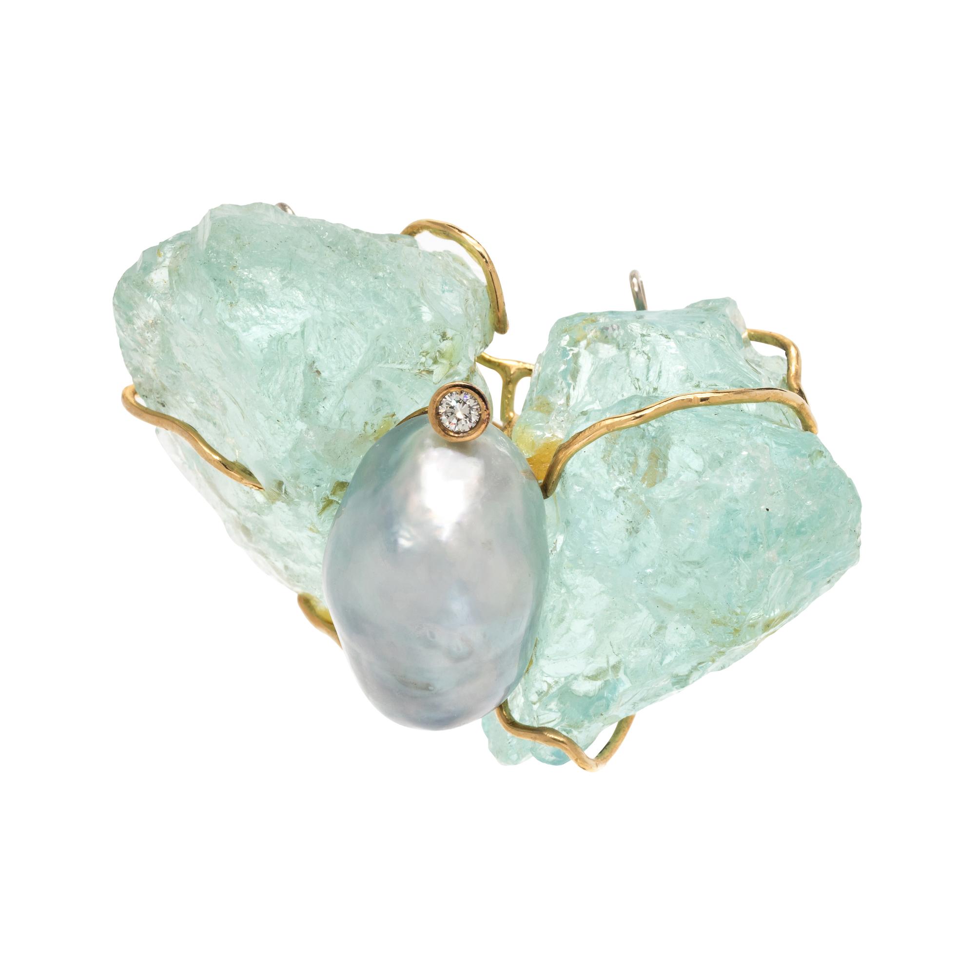 ANGELA PINTALDI, CULTURED BAROQUE TAHITIAN PEARL, AQUAMARINE AND DIAMOND BUTTERFLY MOTIF PENDANT/BROOCH