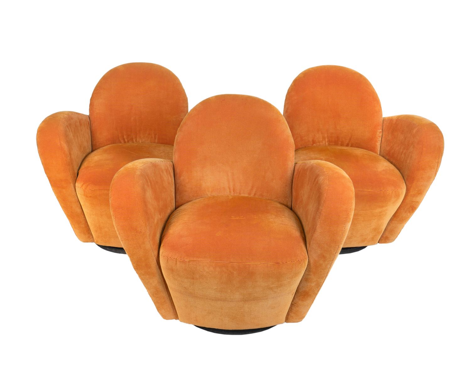 A Set of Three Corduroy Upholstered Swivel Lounge Chairs — 20TH CENTURY