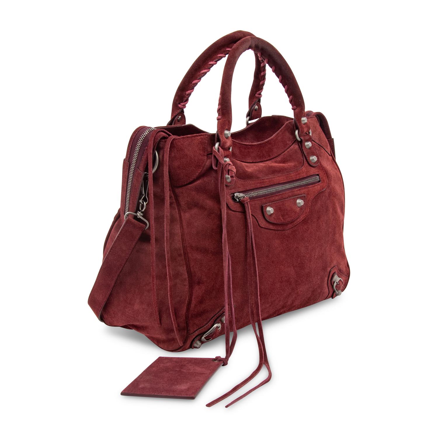 BALENCIAGA, BURGUNDY SUEDE CITY BAG