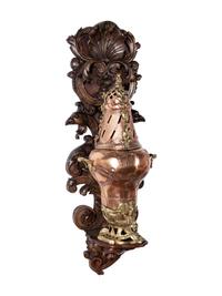 A French Copper and Brass Lavabo and Basin Set in a Carved Oak Bracket