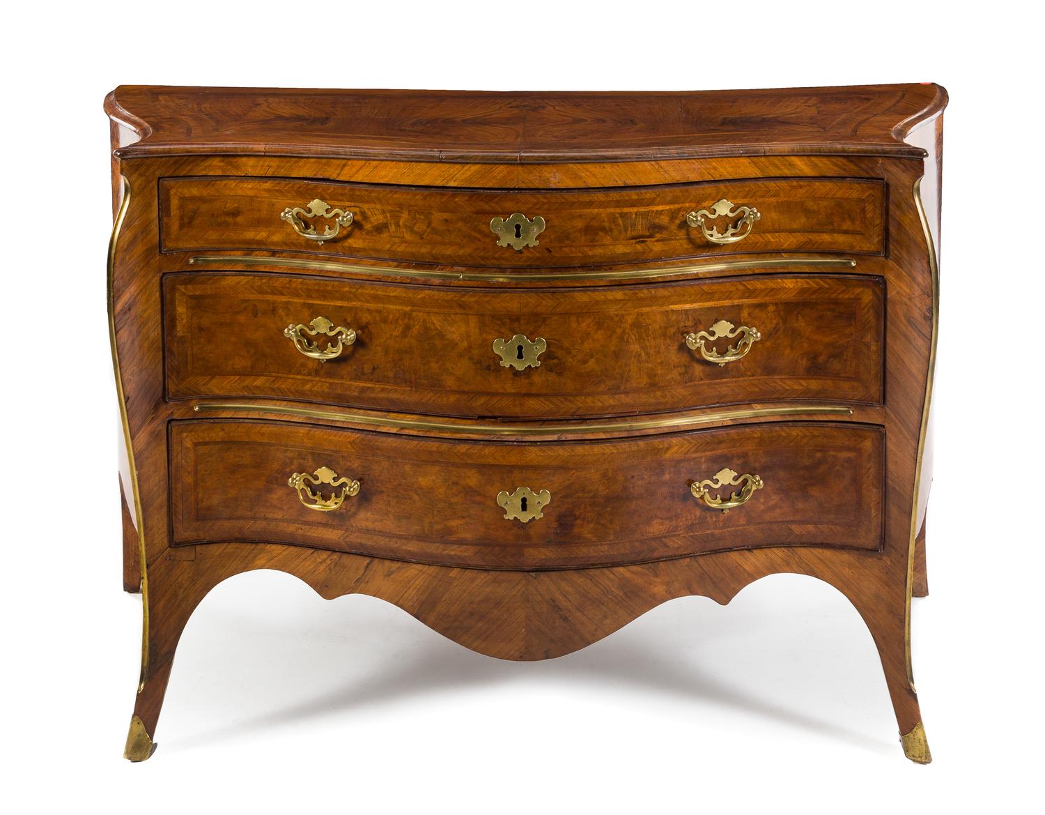 An Italian Brass Mounted Parquetry Commode Height 38 x width 59 x depth 27 inches. — 18TH/19TH CENTURY