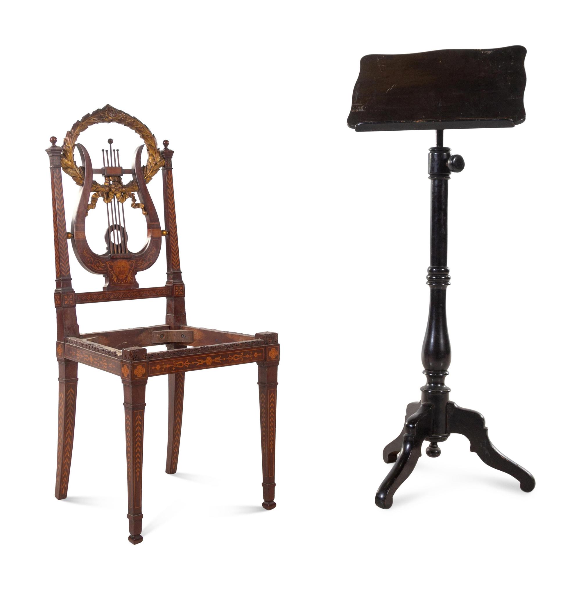 A Continental Parcel Gilt and Marquetry Lyre-Back Side Chair