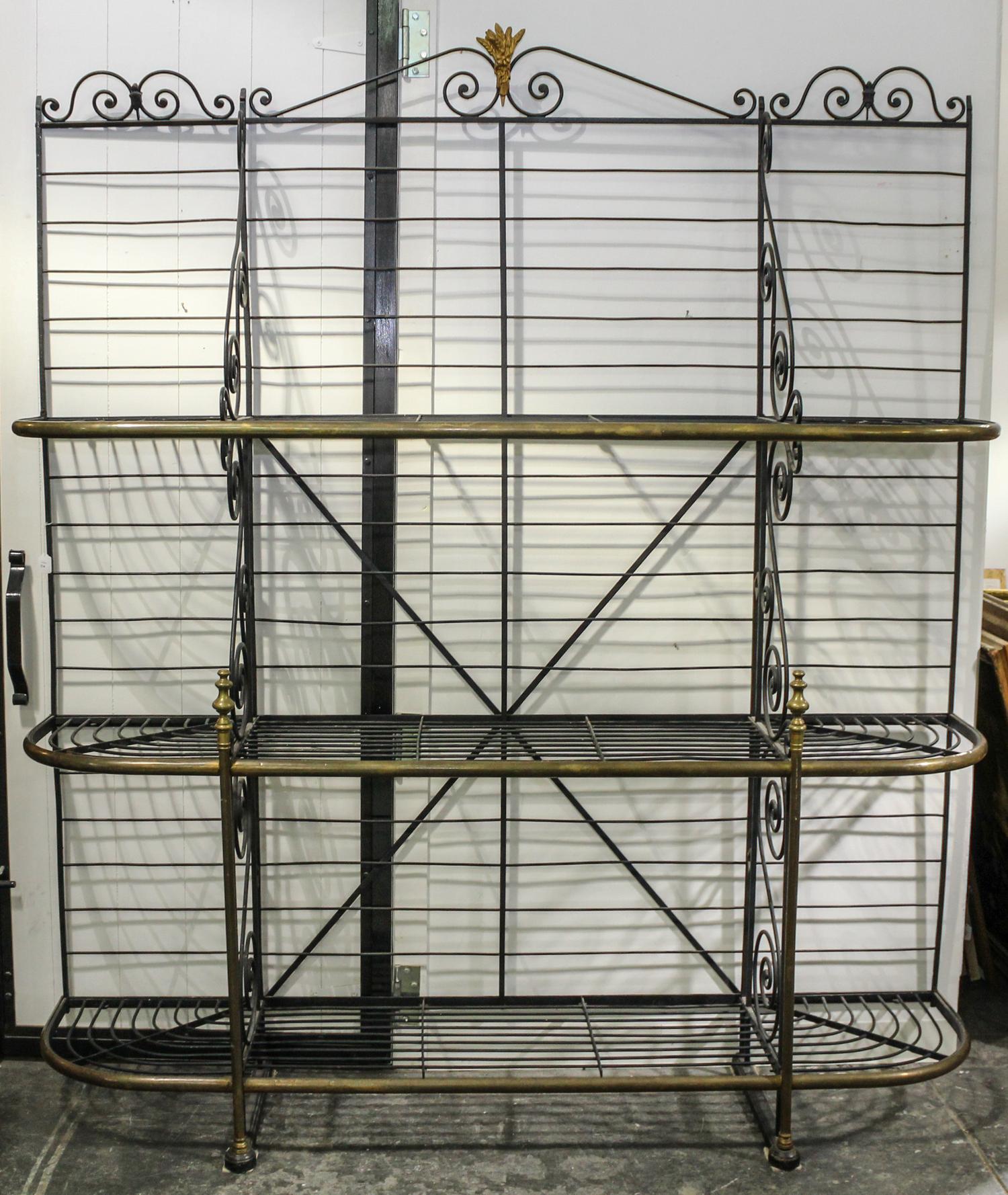 A French Wrought Iron and Brass Baker's Rack Height 92 x width 76 inches.