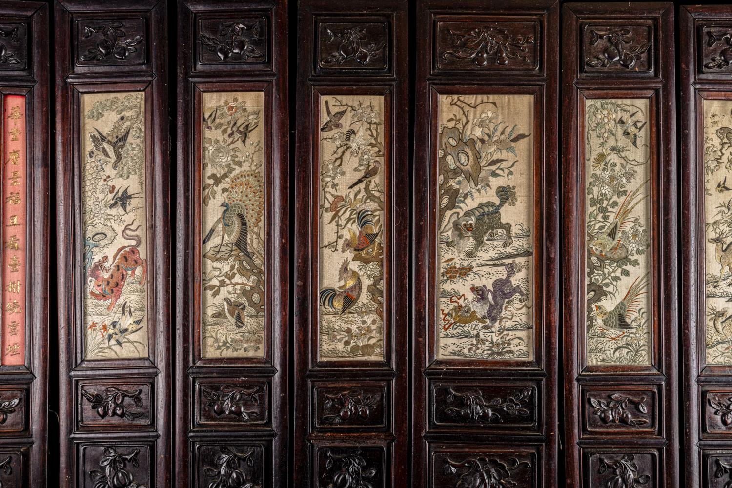 A Chinese Embroidered Silk Inset Wood Nine-Panel Floor Screen, Late Qing Dynasty 清晚期 紅木鑲粵綉花鳥圖九扇屏