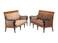 A Pair of Louis Philippe Style Part Ebonized Burlwood Settees