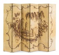 A Continental Chinoiserie Painted Floor Screen Height of each panel 42 1/4 x width 9 inches.