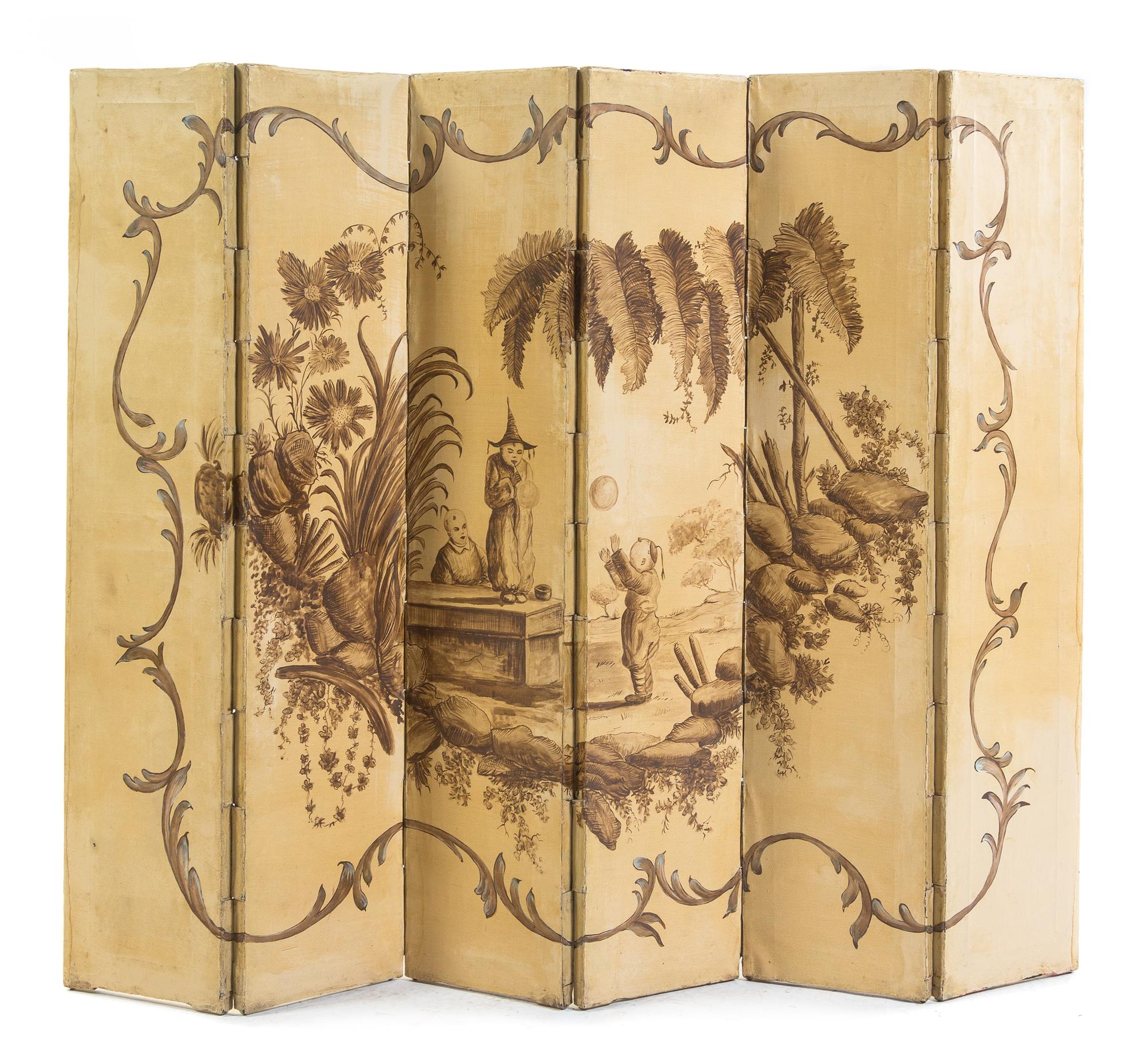 A Continental Chinoiserie Painted Floor Screen Height of each panel 42 1/4 x width 9 inches.