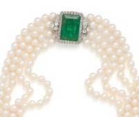 CULTURED PEARL, EMERALD AND DIAMOND MULTISTRAND NECKLACE