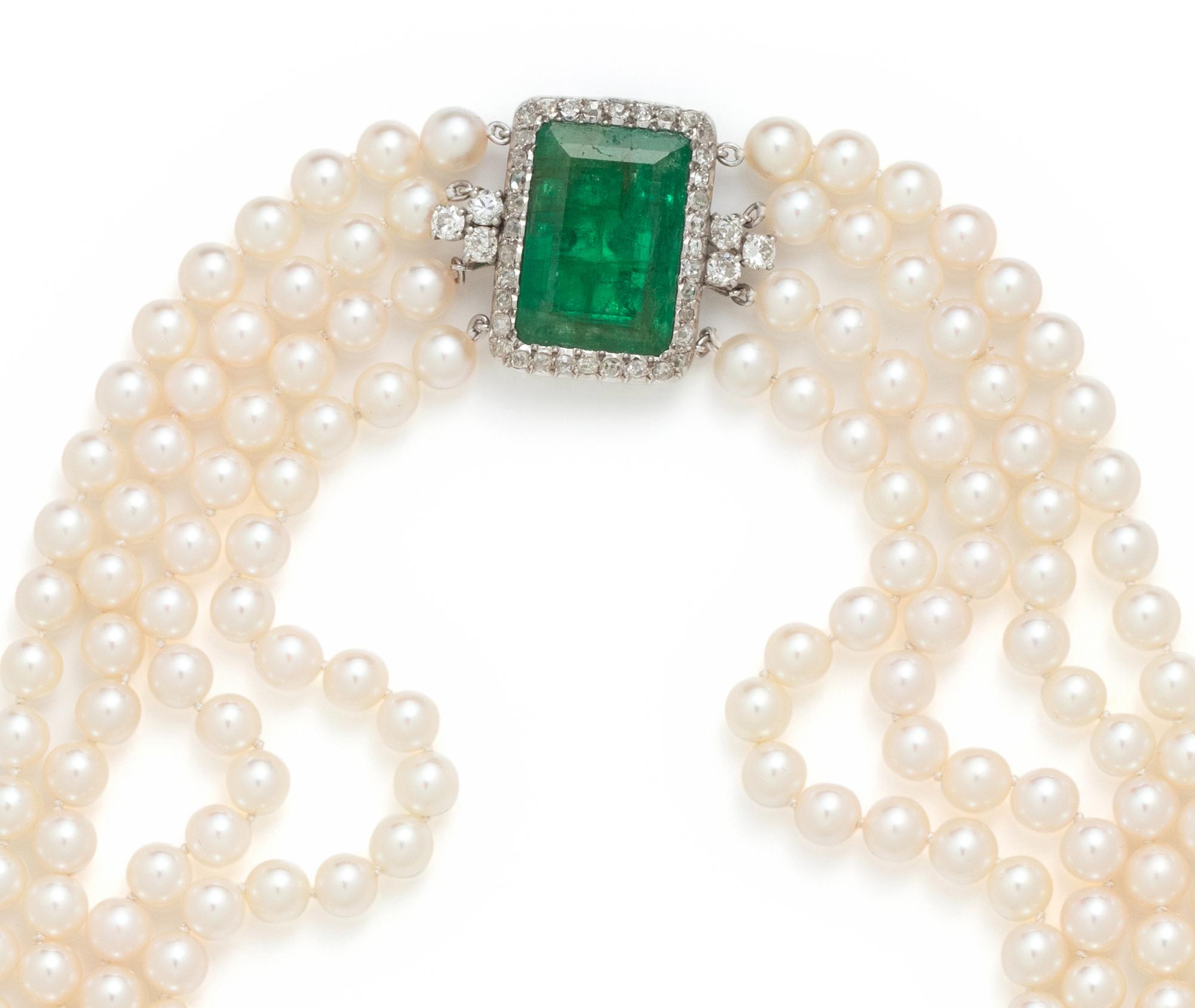 CULTURED PEARL, EMERALD AND DIAMOND MULTISTRAND NECKLACE