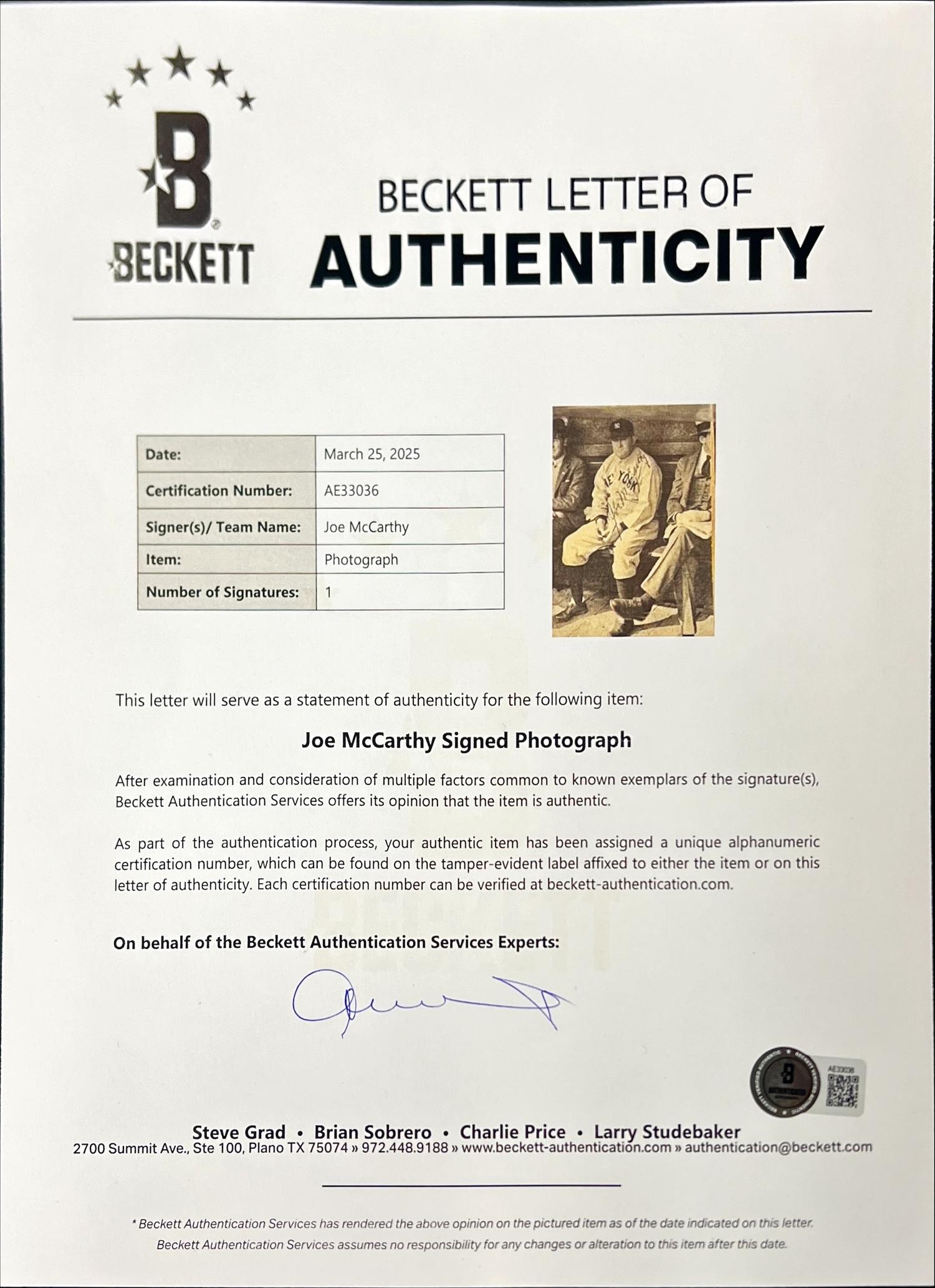 A Collection of Joe McCarthy Signed Autograph Items (Beckett Authentication Services and PSA)