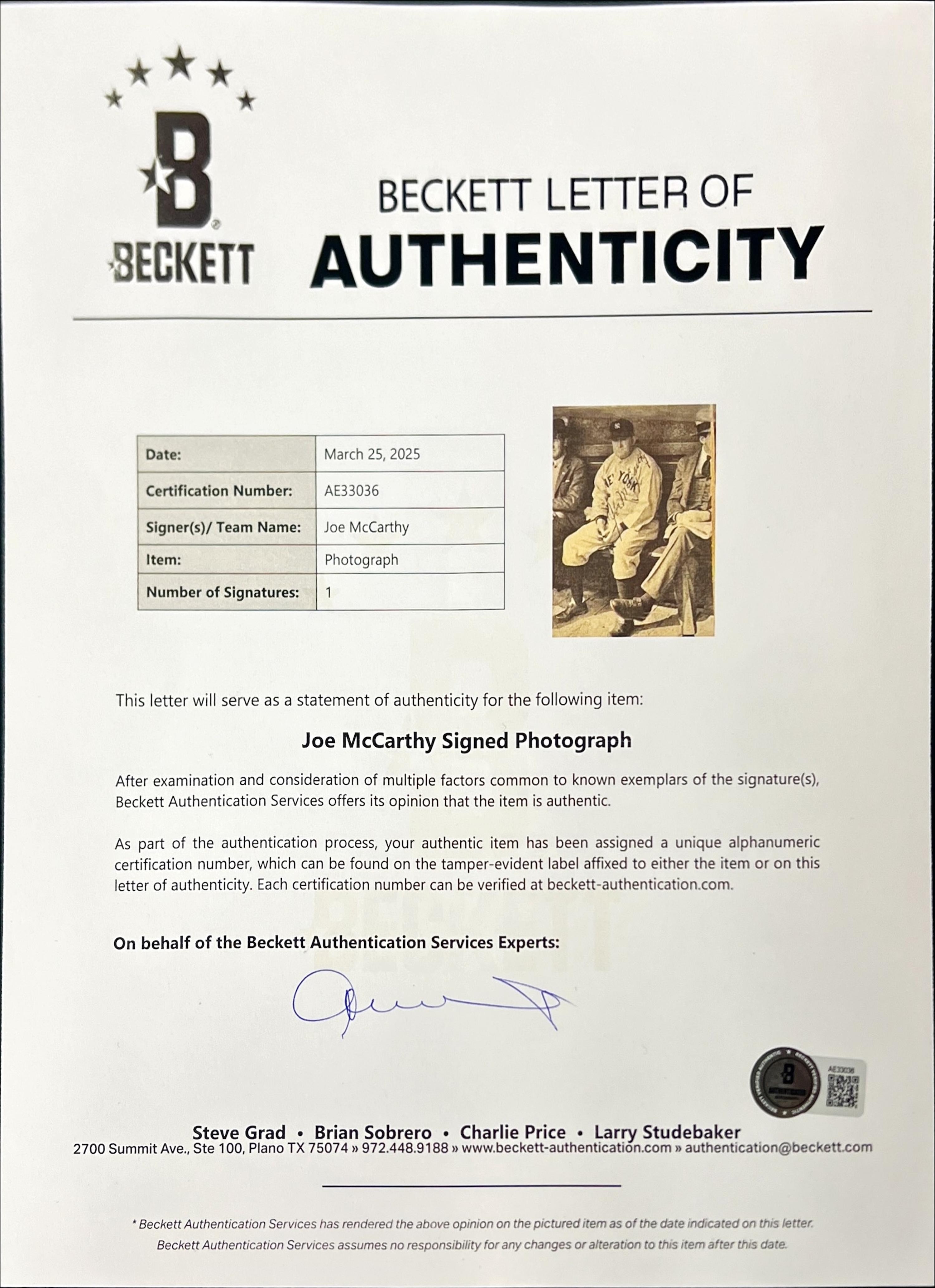 A Collection of Joe McCarthy Signed Autograph Items (Beckett Authentication Services and PSA)
