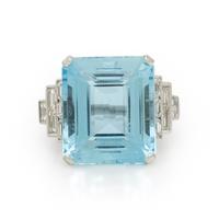 AQUAMARINE, DIAMOND, AND PLATINUM RING