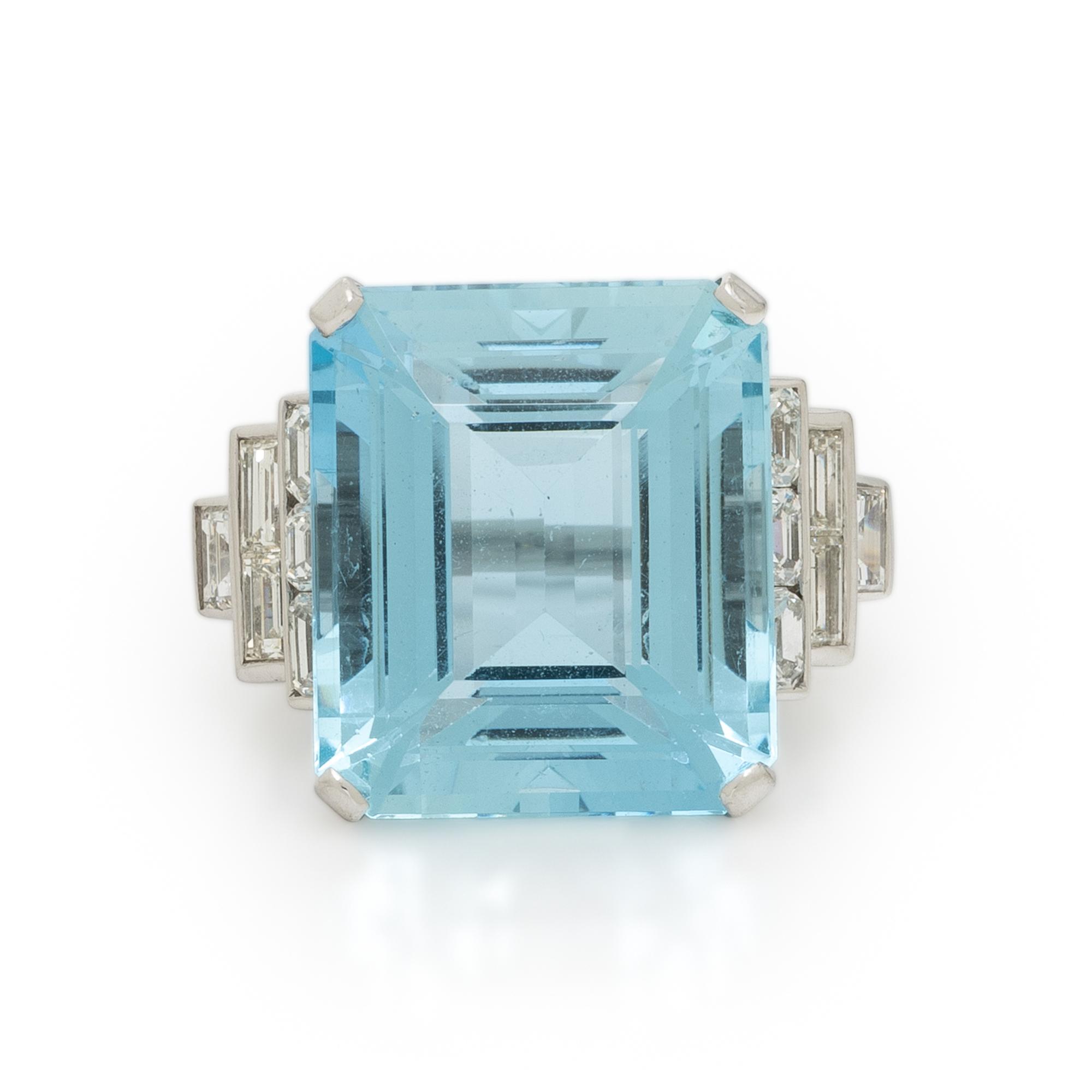 AQUAMARINE, DIAMOND, AND PLATINUM RING