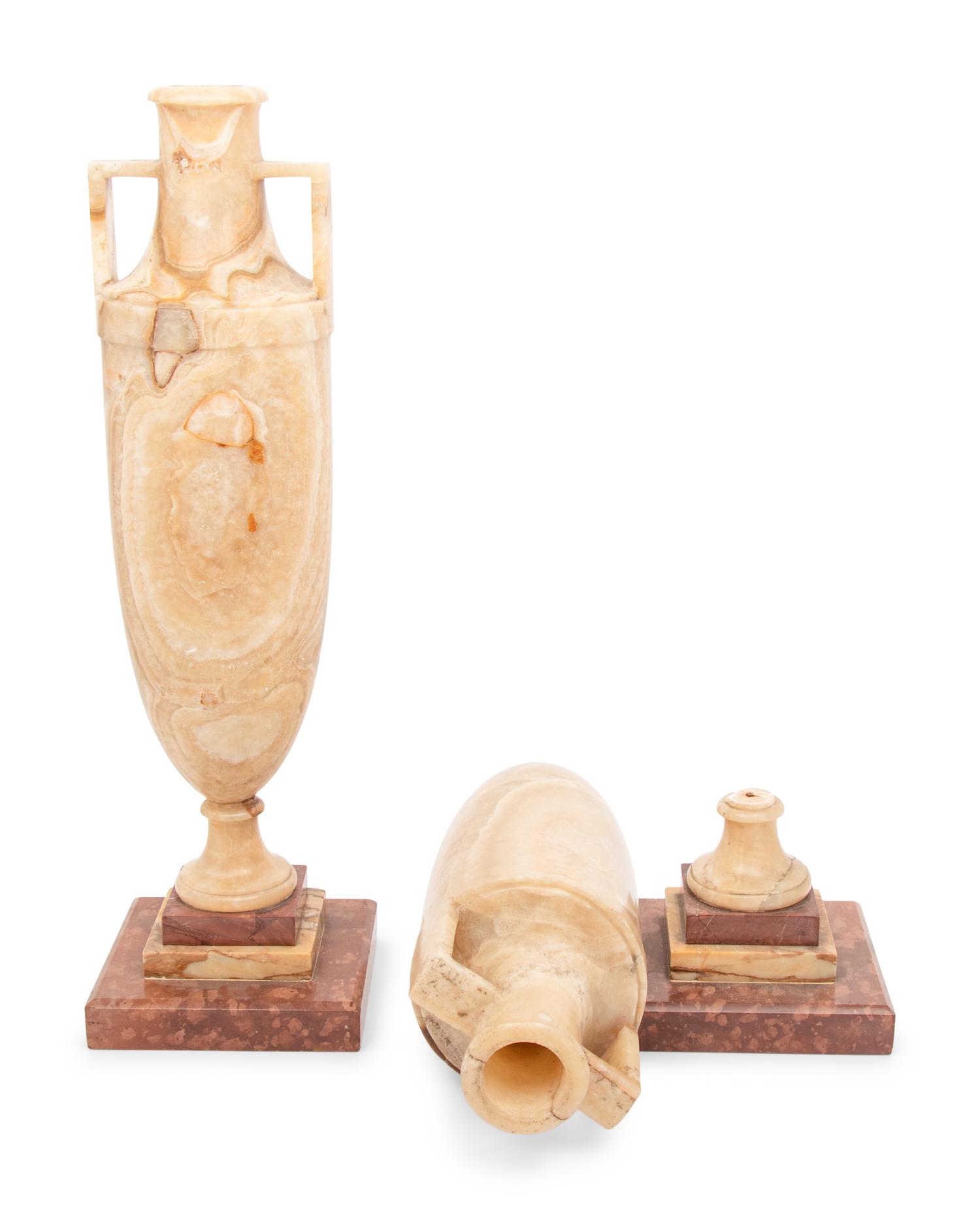 A Pair of Italian Alabaster and Rouge Griotte Marble Urns