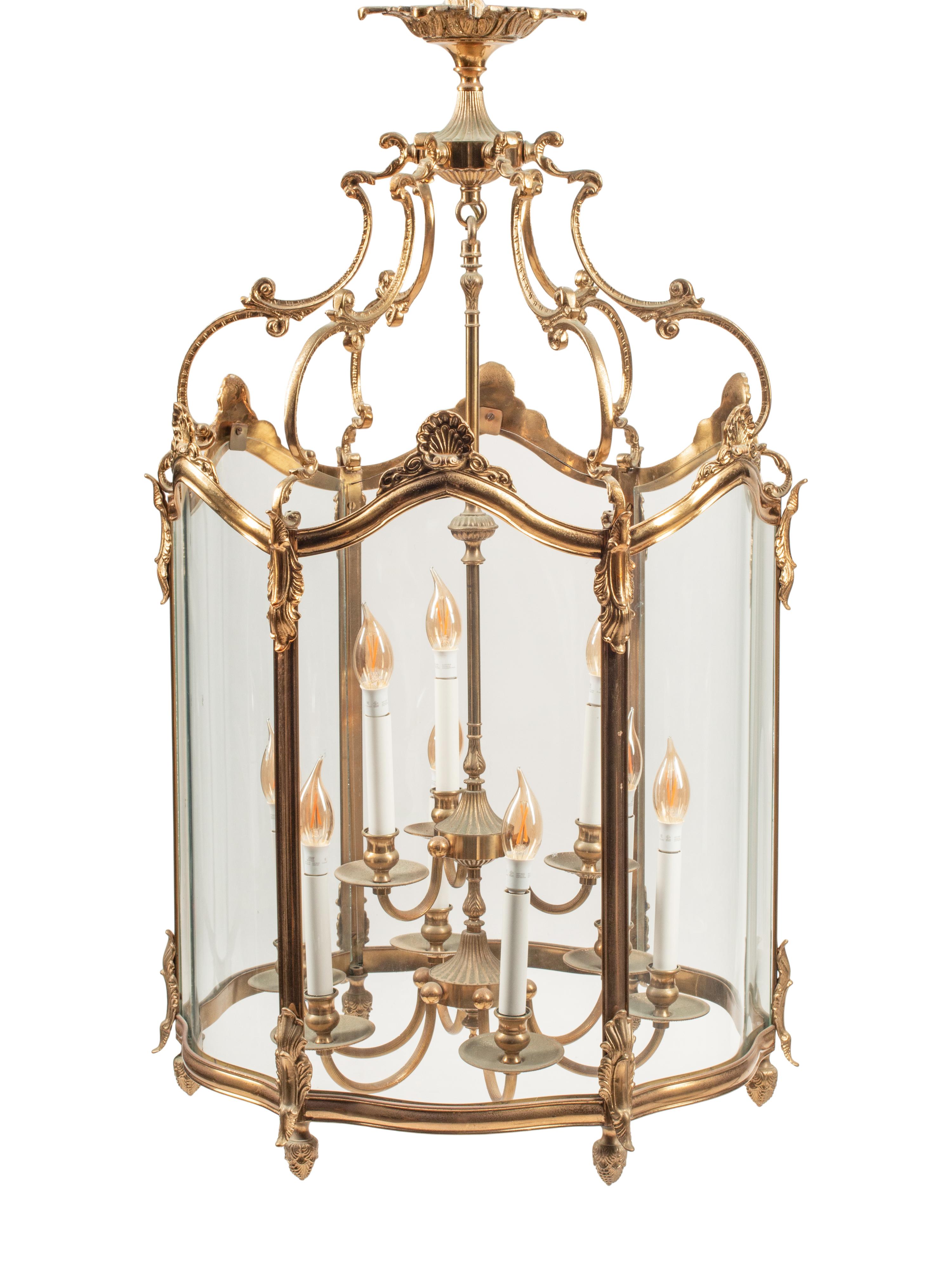 A Pair of Louis XV Style Gilt Bronze and Glass Hall Lanterns
