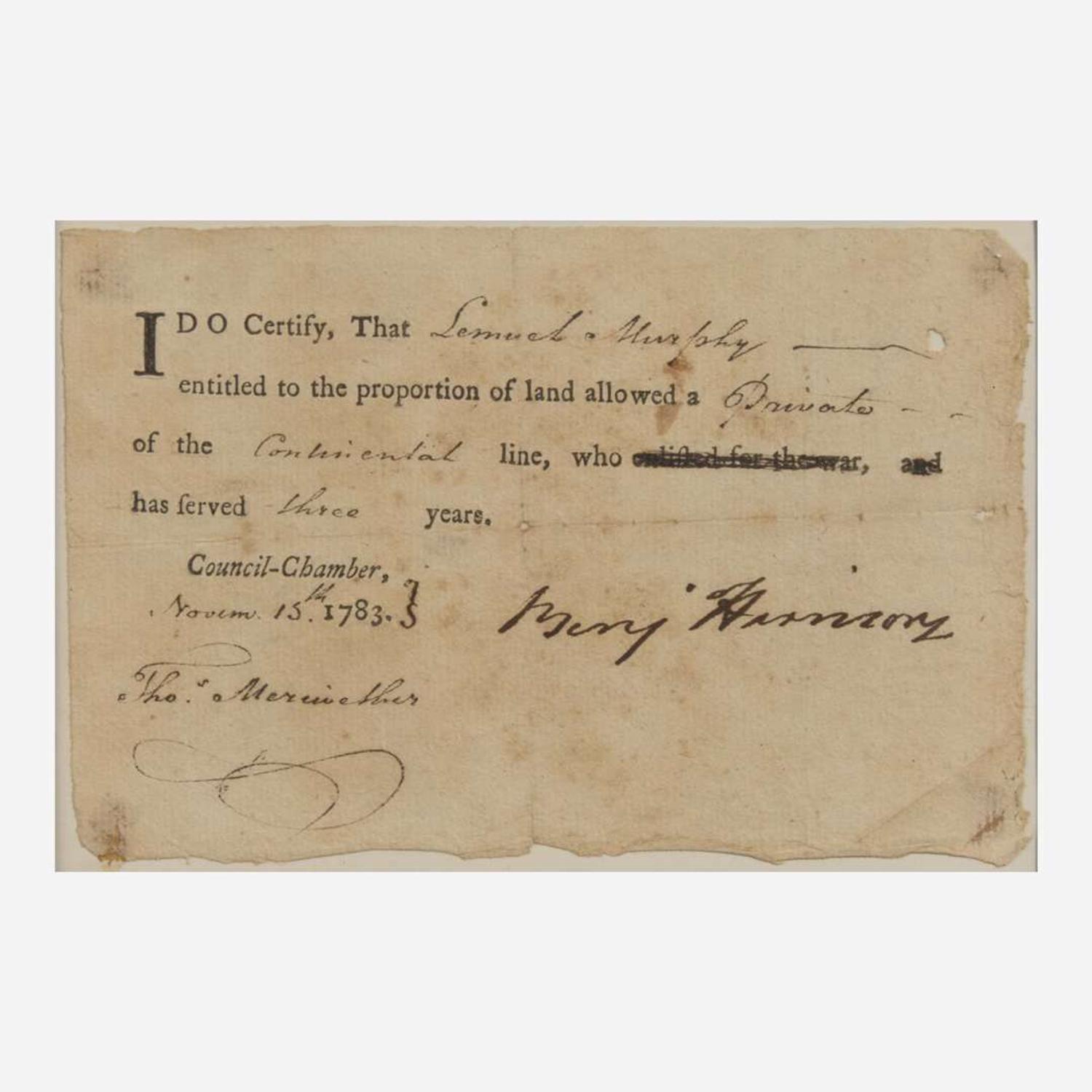 [Declaration of Independence] [Virginia] Harrison, Benjamin Partially-Printed Document, signed
