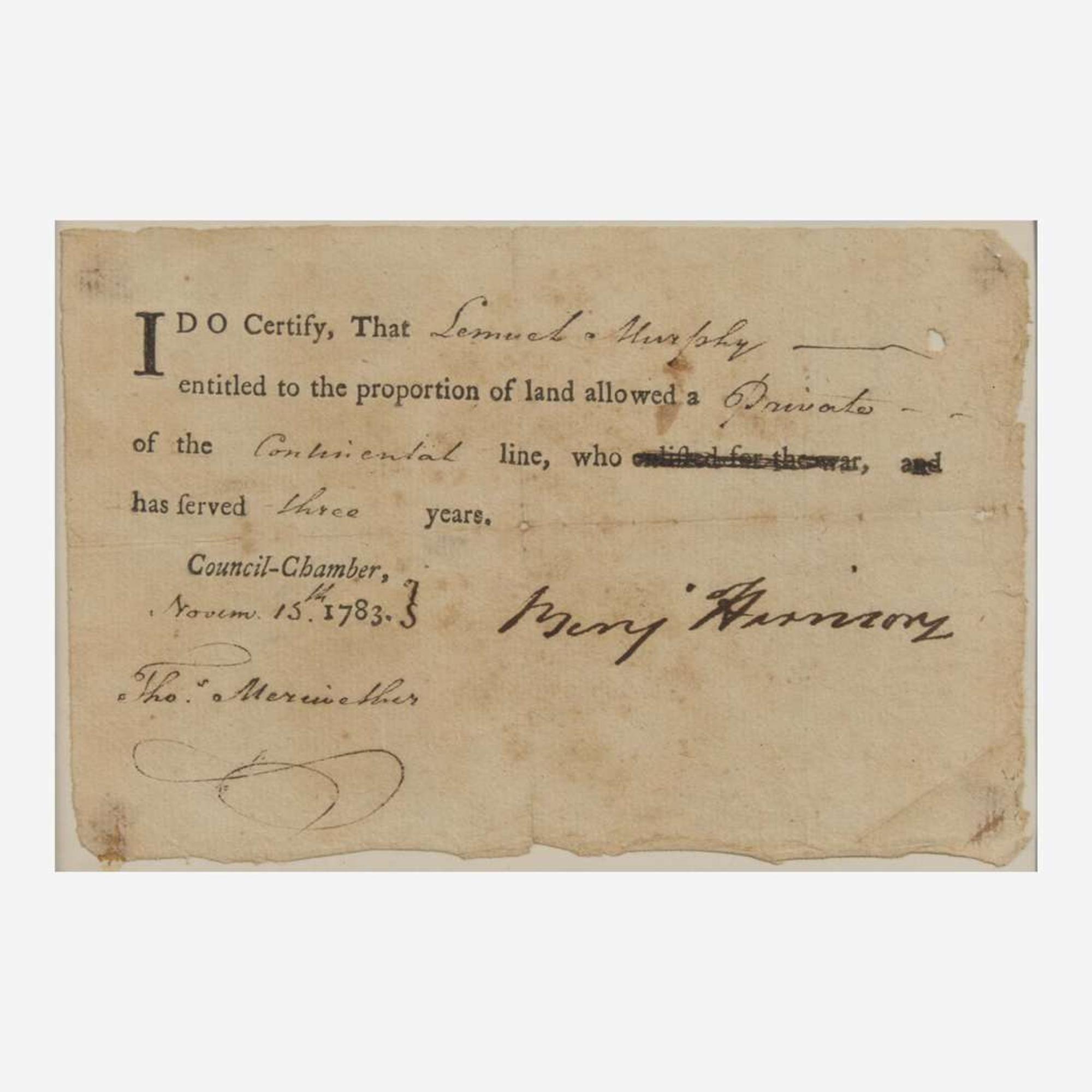[Declaration of Independence] [Virginia] Harrison, Benjamin Partially-Printed Document, signed