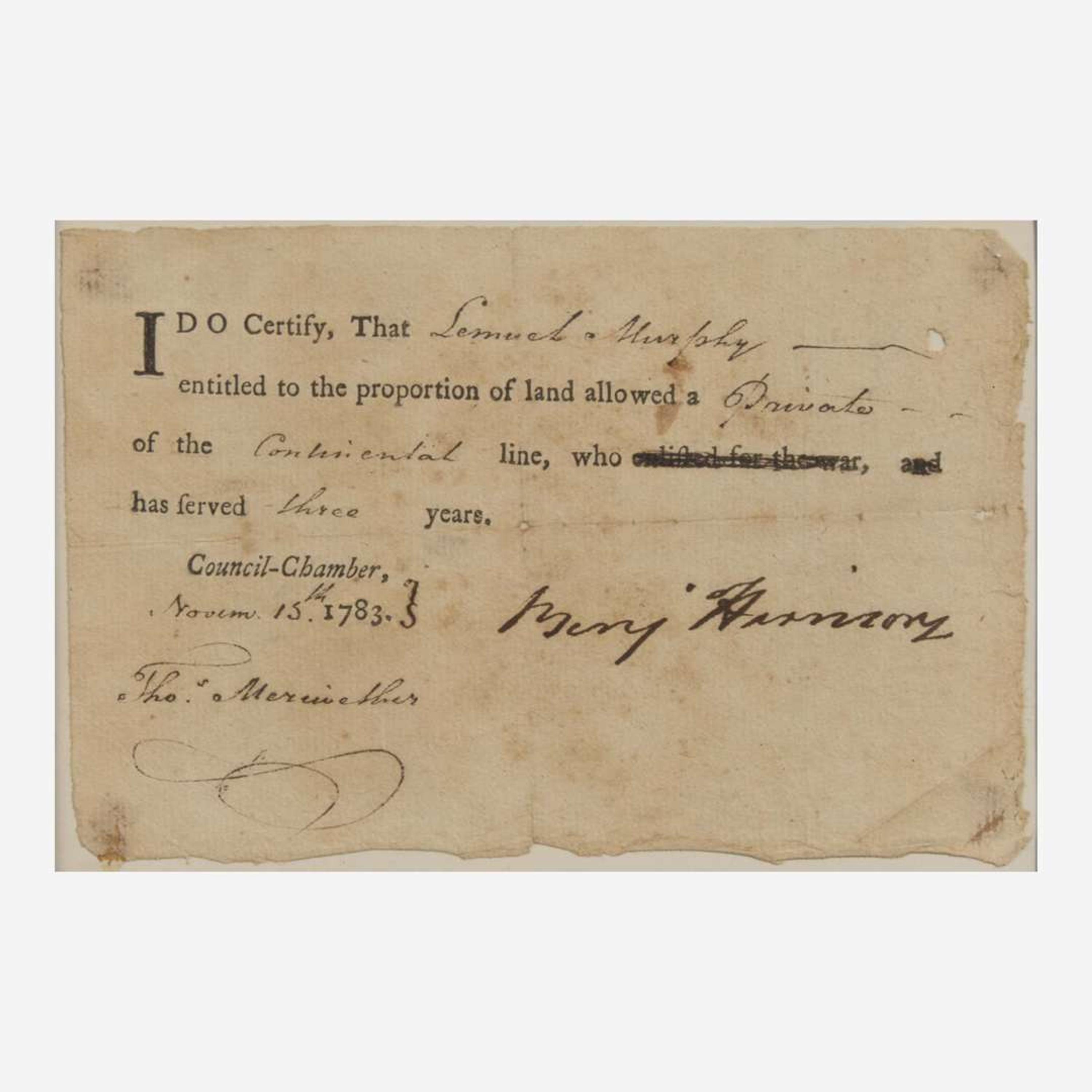 [Declaration of Independence] [Virginia] Harrison, Benjamin Partially-Printed Document, signed