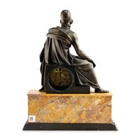 A Louis Philippe Patinated Bronze and Sienna Marble Figural Mantel Clock