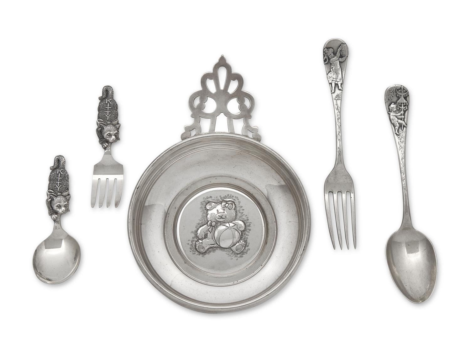 An Assembled Group of Eight Children's Sterling Silver Wares, Gorham Mfg. Co., Providence, RI, and Tiffany & Co., New York, NY, Late 19th / Early 20th Century