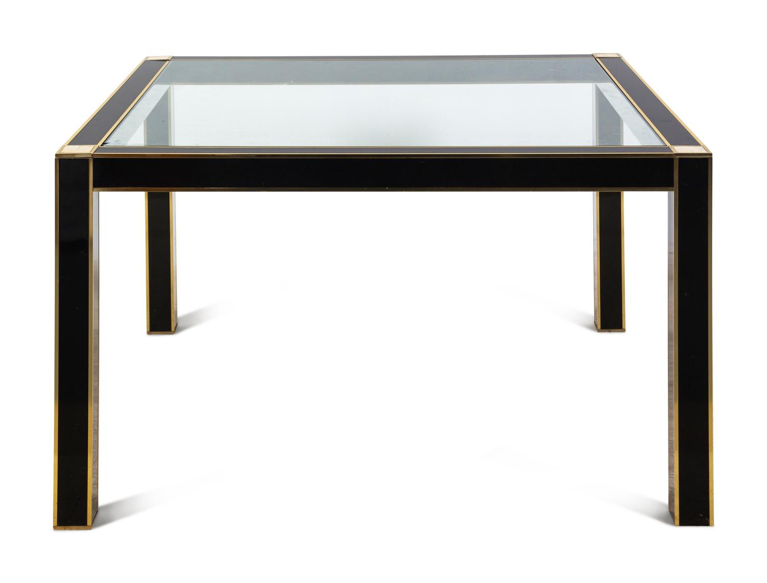 A Jean-Claude Mahey Mother-of-Pearl Inset Black Lacquer and Brass Glass-Top Table