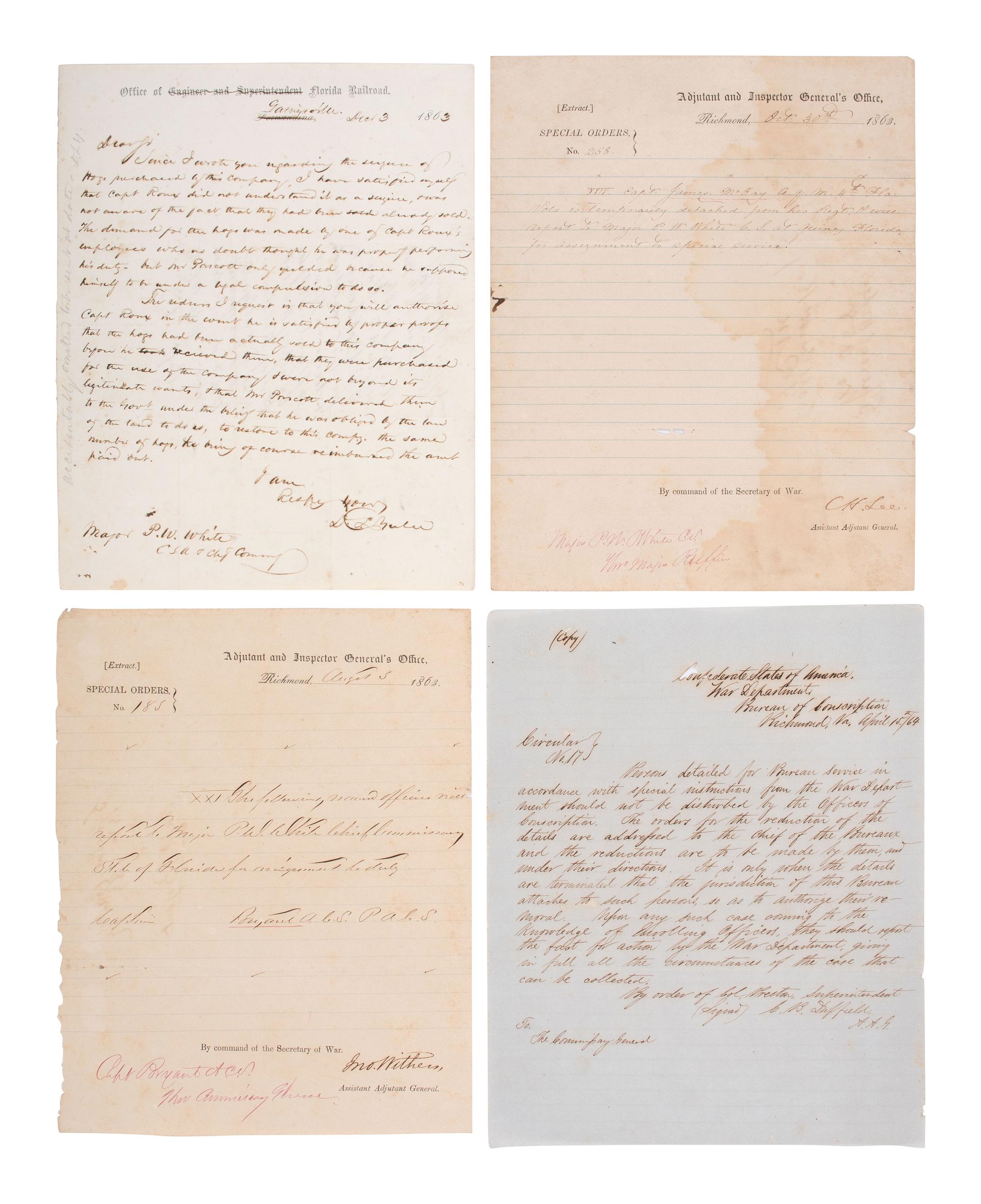 [CIVIL WAR] -- [CONFEDERATE]. A group of 8 documents associated with Major Pleasant W. White (1820-1919), CSA Chief Commissary Officer for Florida.