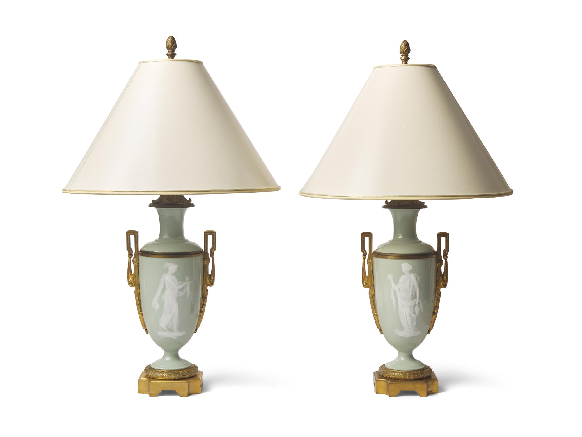 A Pair of Celadon and Gilt-Bronze Mounted Pate-Sur-Pate Vases, Now Mounted as Lamps