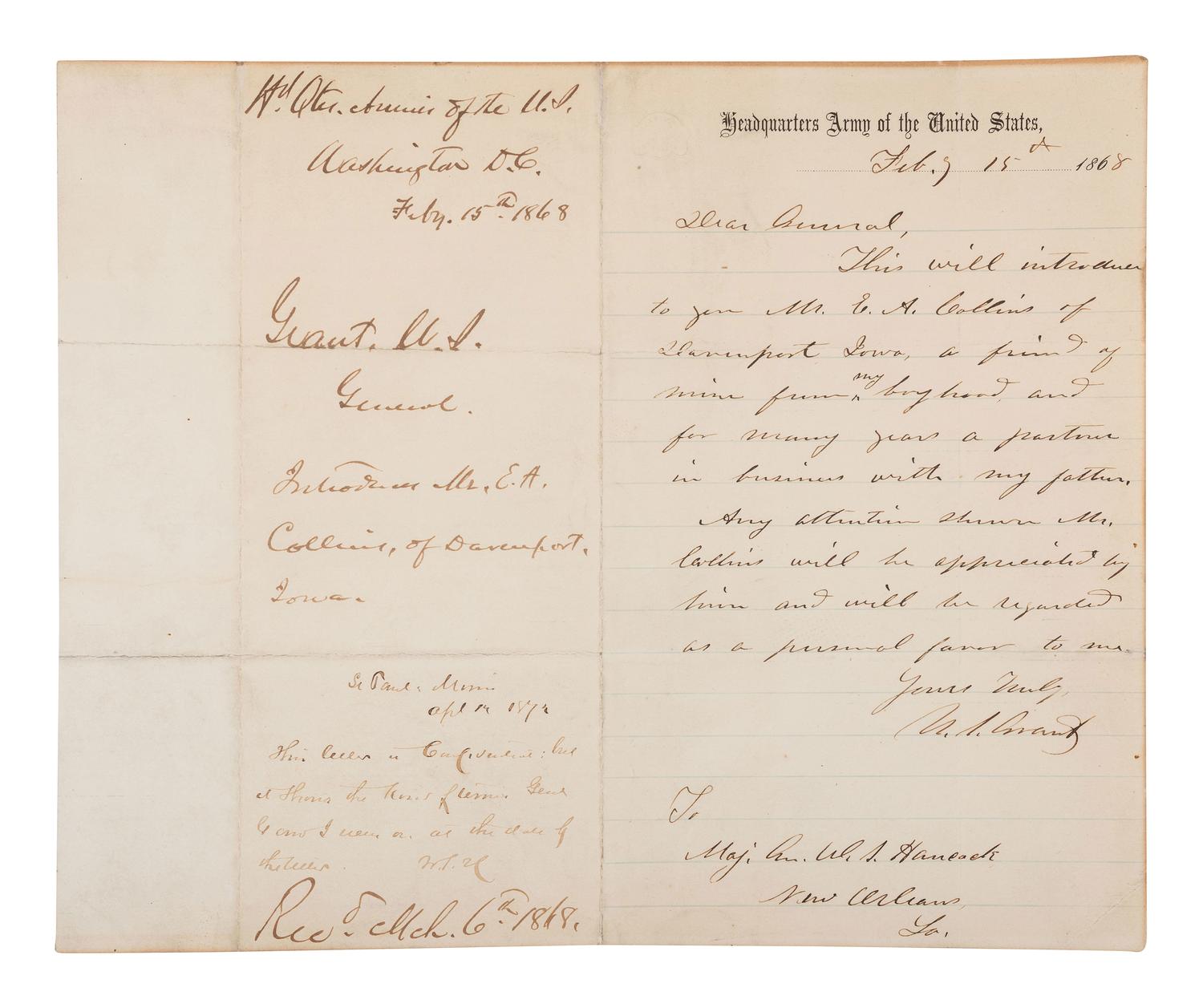 GRANT, Ulysses S. (1822-1885). Autograph letter signed ("U.S. Grant"), as General of the Army of the United States. [Washington, D.C.], 15 February 1868. With initialed autograph endorsement by HANCOCK, Winfield Scott, April 1872.