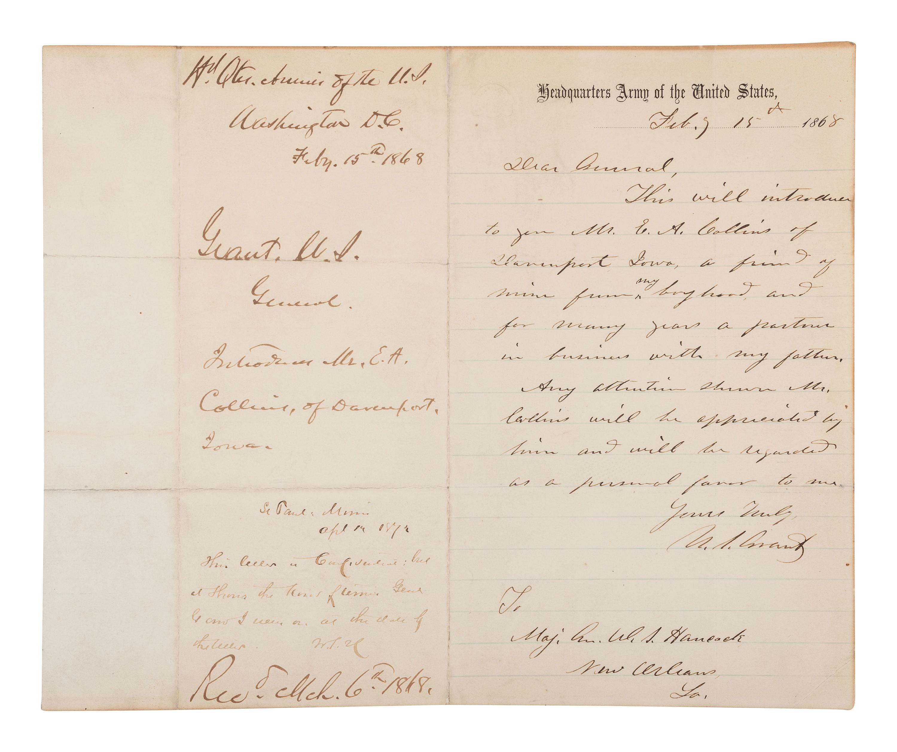 GRANT, Ulysses S. (1822-1885). Autograph letter signed ("U.S. Grant"), as General of the Army of the United States. [Washington, D.C.], 15 February 1868. With initialed autograph endorsement by HANCOCK, Winfield Scott, April 1872.