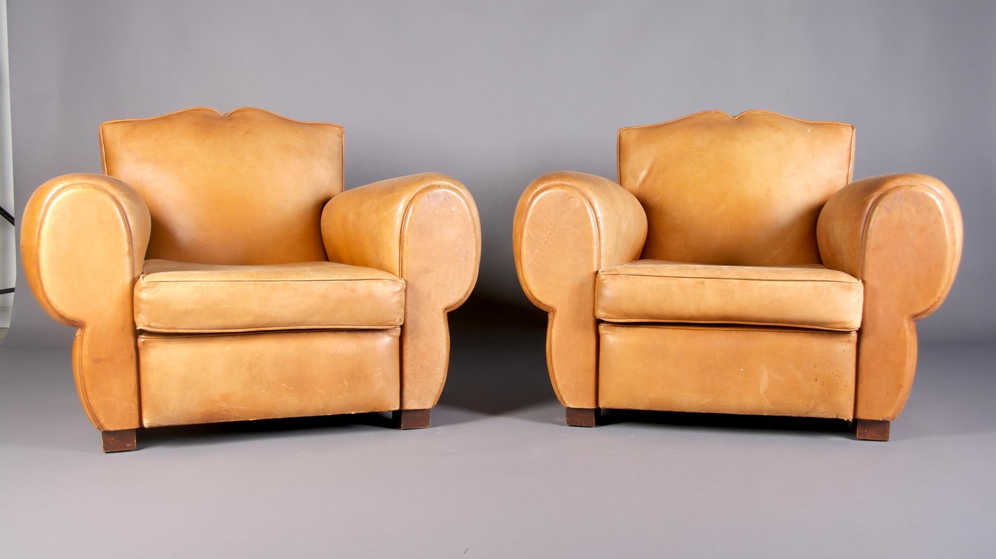 A Pair of Art Deco Club Chairs, Height 30 inches.