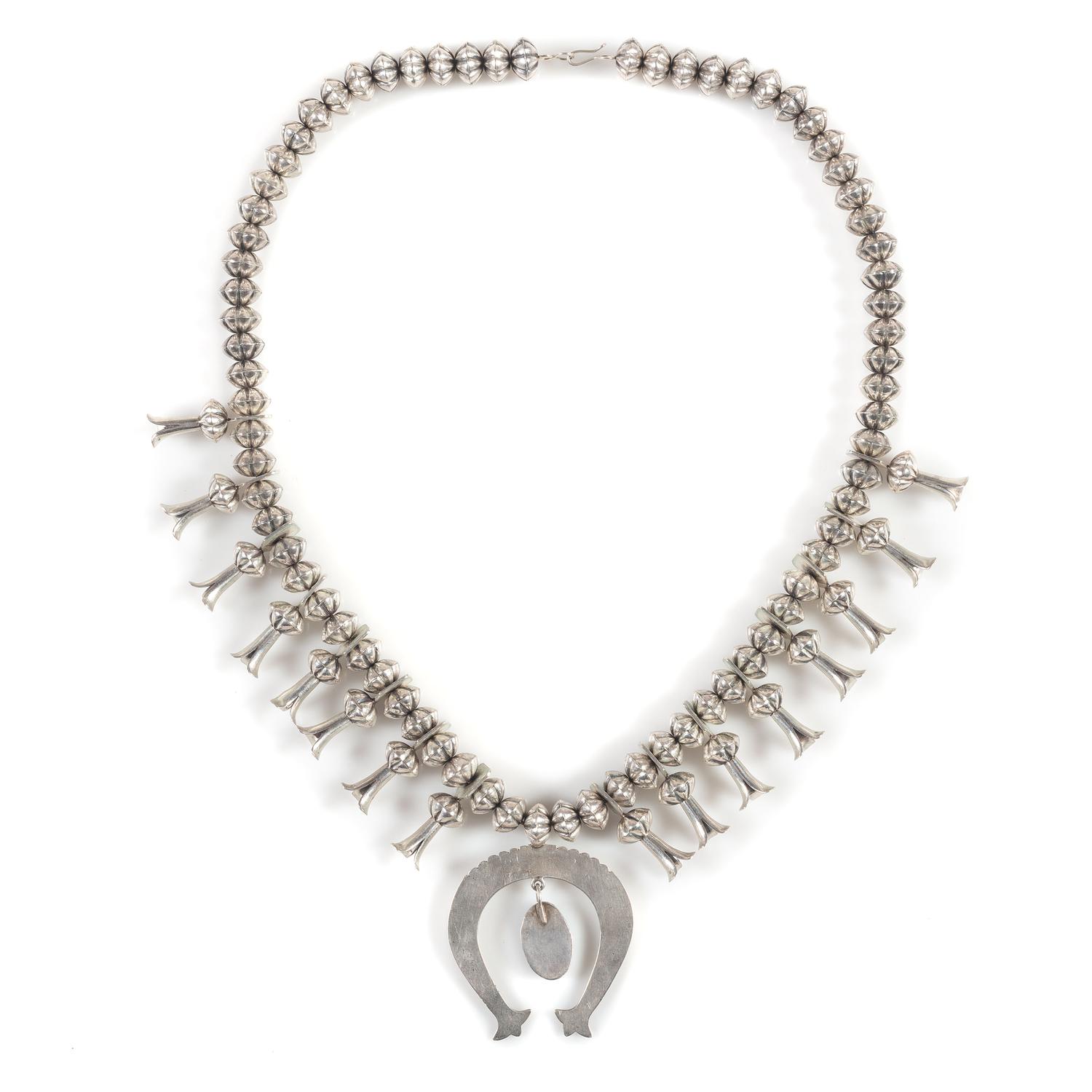 Navajo Silver and Turquoise Squash Blossom Necklace, with Fluted Beads
