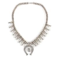 Navajo Silver and Turquoise Squash Blossom Necklace, with Fluted Beads