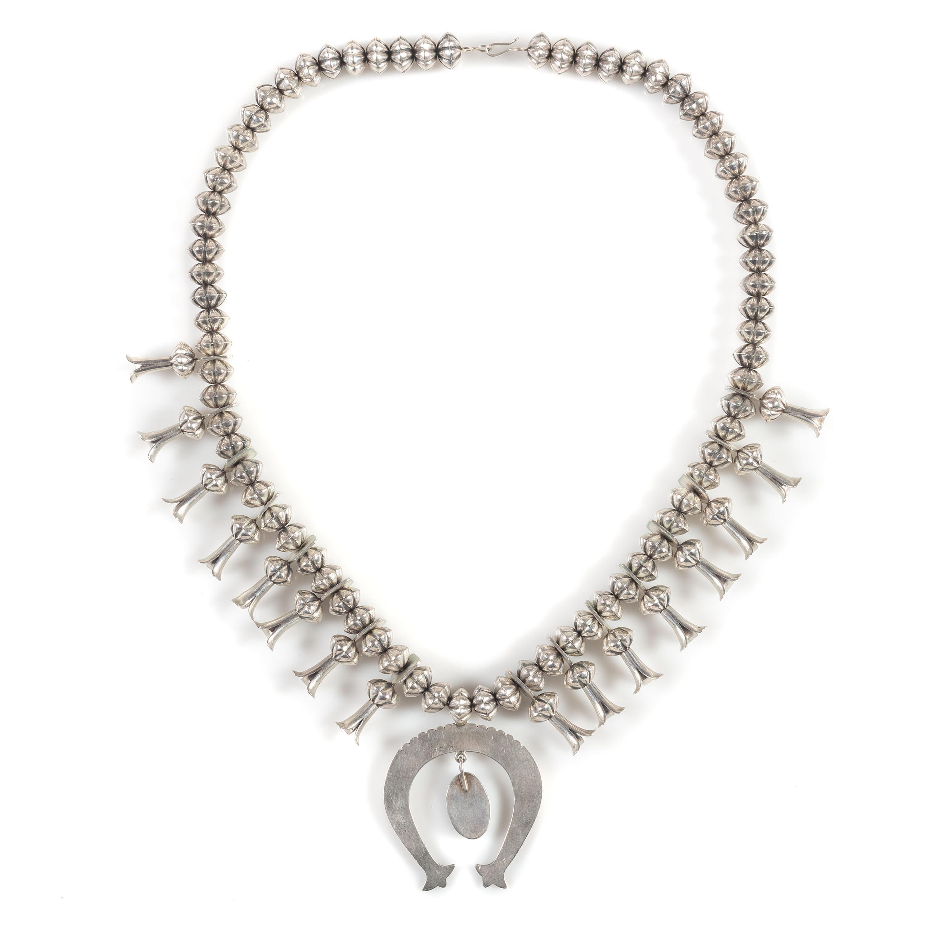 Navajo Silver and Turquoise Squash Blossom Necklace, with Fluted Beads