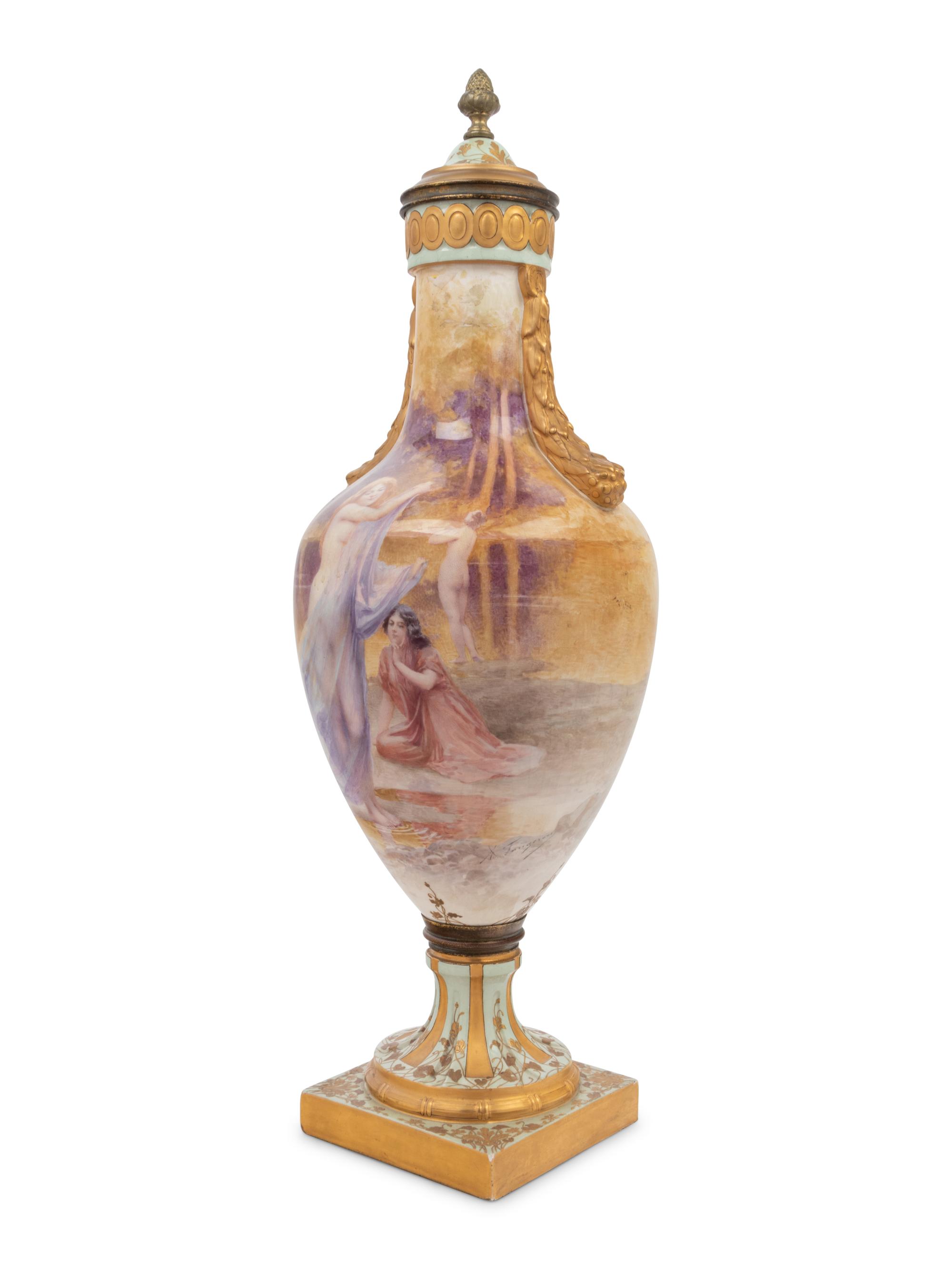 A French Painted and Parcel Gilt Porcelain Urn