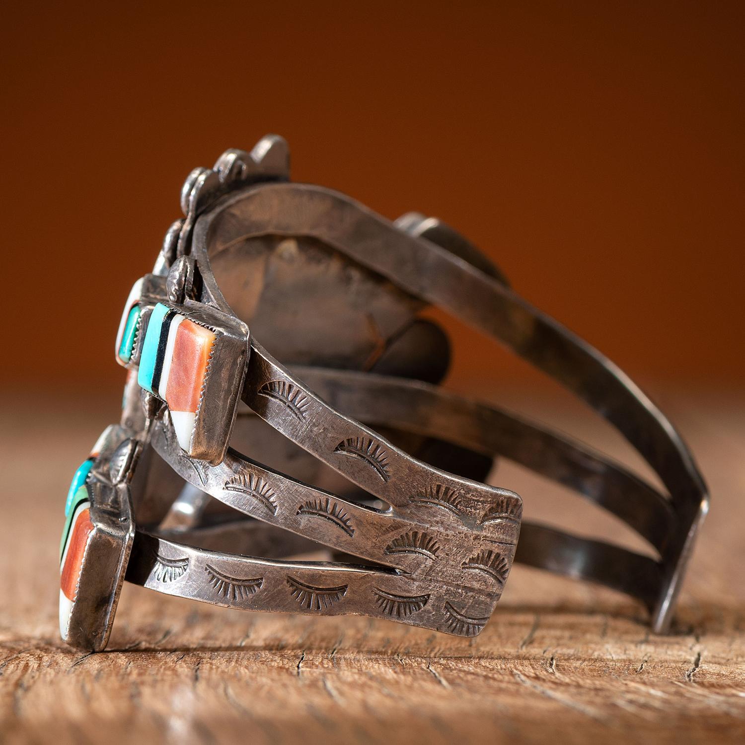 Zuni Silver Cuff Bracelet, with Mosaic Inlay Rainbow Man