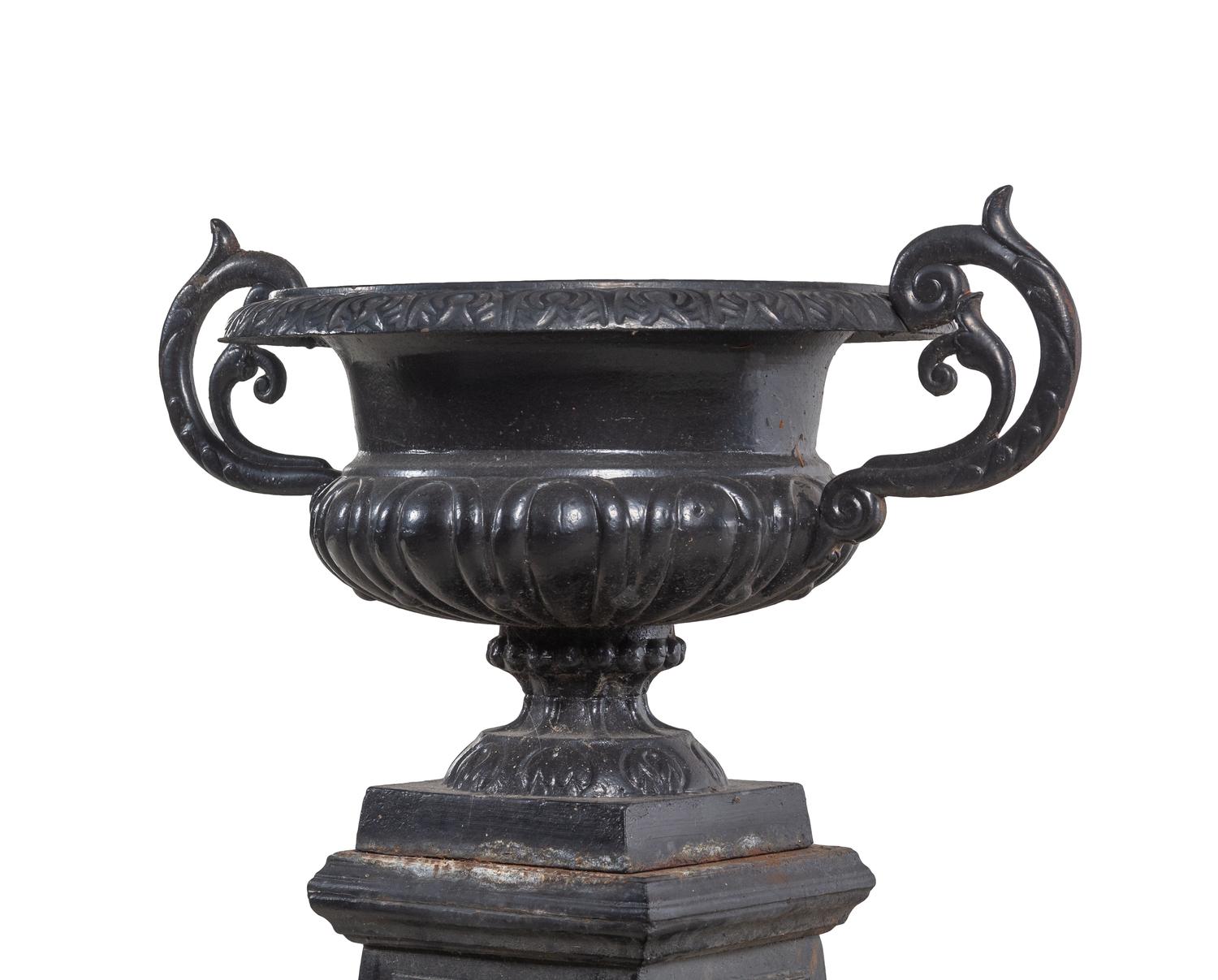A Painted Cast Iron Garden Urn and Pedestal