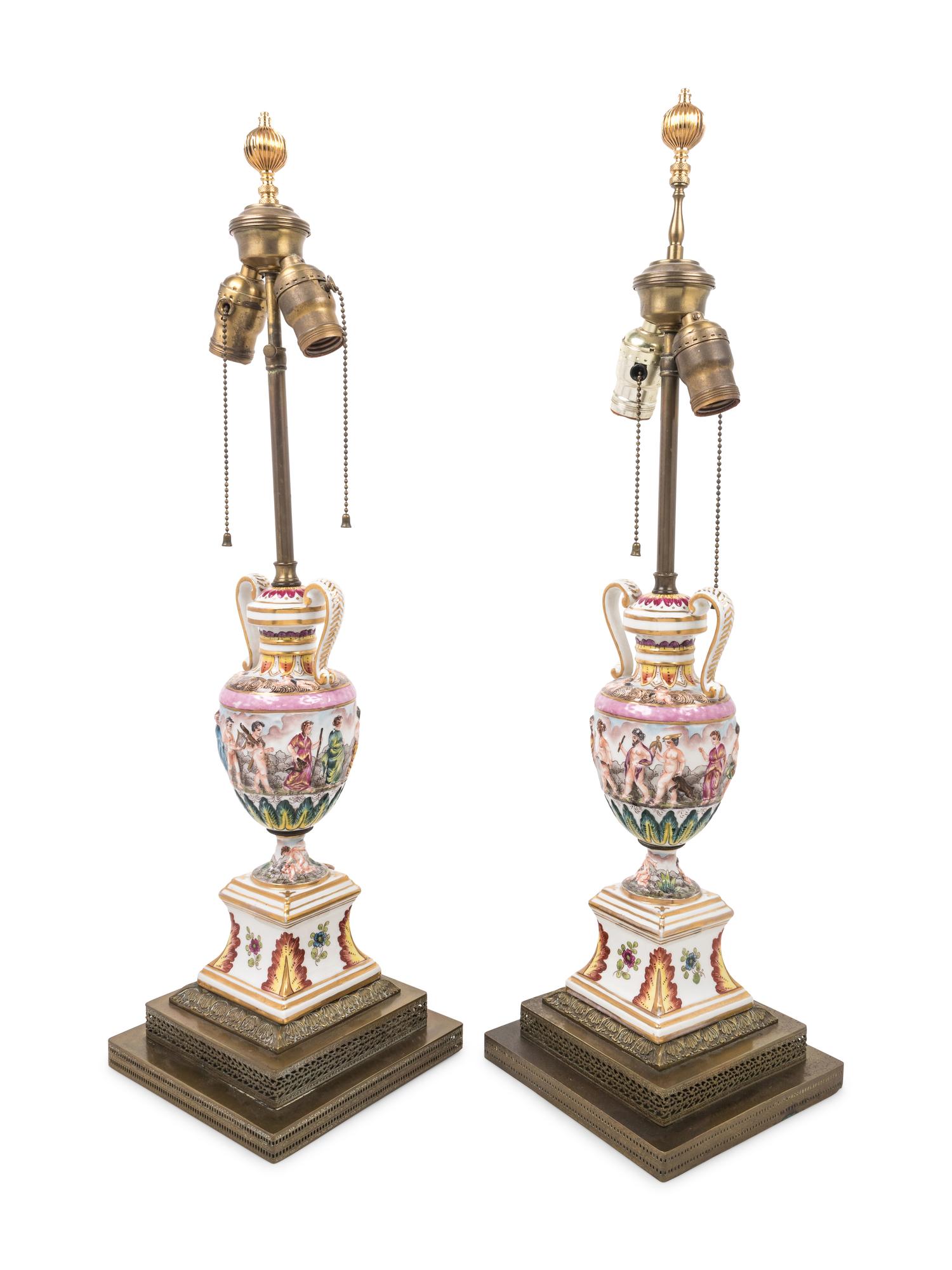 A Pair of Capodimonte Porcelain Urns Mounted as Lamps